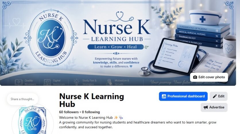 The Nurse K Learning Hub page she built, showing 60 followers